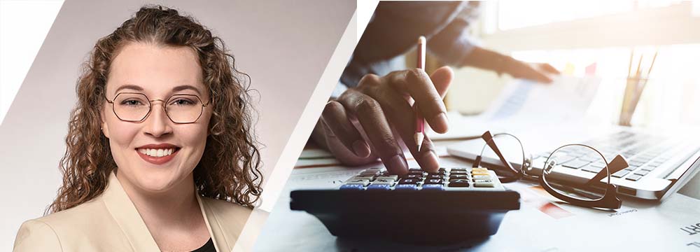 Split image showing a professional woman smiling in a portrait and hands using a calculator at a desk with glasses and a laptop.